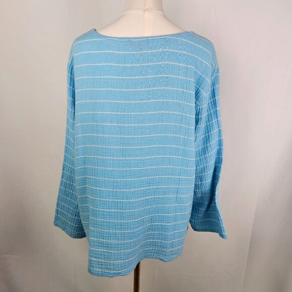Habitat Blue Striped Gauze Like Tunic Top Large Long Sleeve Lagenlook Boho - Picture 3 of 9